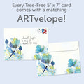 Load image into Gallery viewer, The envelope for Tree-Free’s Blue Floral Dragonflies card, along with the following text: “Every Tree-Free 5x7 card comes with a matching ARTvelope!”