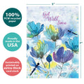 Load image into Gallery viewer, The cover of Tree-Free’s Blue Floral Dragonflies card with lines demonstrating its 5x7 dimensions, along with the following text: “100% PCW recycled paper, proudly made in the USA, sustainably printed on extra-thick card stock”