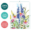 Load image into Gallery viewer, The cover of Tree-Free’s Wildflower Bees card with lines demonstrating its 5x7 dimensions, along with the following text: “100% PCW recycled paper, proudly made in the USA, sustainably printed on extra-thick card stock”