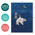 Load image into Gallery viewer, The cover of Tree-Free’s Brave Strong Bear card with lines demonstrating its 5x7 dimensions, along with the following text: “100% PCW recycled paper, proudly made in the USA, sustainably printed on extra-thick card stock”