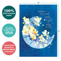 Load image into Gallery viewer, The cover of Tree-Free’s Floral Moonlight card with lines demonstrating its 5x7 dimensions, along with the following text: “100% PCW recycled paper, proudly made in the USA, sustainably printed on extra-thick card stock”