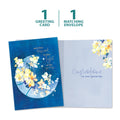 Load image into Gallery viewer, The cover and inside of Tree-Free’s Floral Moonlight card, along with the following text: “1 greeting card, 1 matching envelope”
