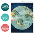 Load image into Gallery viewer, The cover of Tree-Free’s More Wonderful World card with lines demonstrating its 5x7 dimensions, along with the following text: “100% PCW recycled paper, proudly made in the USA, sustainably printed on extra-thick card stock”