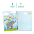 Load image into Gallery viewer, The cover and inside of Tree-Free’s Elephant Flowers card, along with the following text: “1 greeting card, 1 matching envelope”