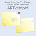 Load image into Gallery viewer, The envelope for Tree-Free’s Sun Kindness card, along with the following text: “Every Tree-Free 5x7 card comes with a matching ARTvelope!”