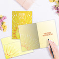 Load image into Gallery viewer, The inside of Tree-Free’s Sun Kindness card, with the cover and envelope in the background.