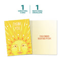 Load image into Gallery viewer, The cover and inside of Tree-Free’s Sun Kindness card, along with the following text: “1 greeting card, 1 matching envelope”