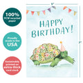 Load image into Gallery viewer, The cover of Tree-Free’s Flower Turtle card with lines demonstrating its 5x7 dimensions, along with the following text: “100% PCW recycled paper, proudly made in the USA, sustainably printed on extra-thick card stock”