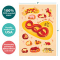 Load image into Gallery viewer, The cover of Tree-Free’s Year of Animals card with lines demonstrating its 5x7 dimensions, along with the following text: “100% PCW recycled paper, proudly made in the USA, sustainably printed on extra-thick card stock”