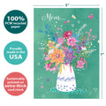 Load image into Gallery viewer, The cover of Tree-Free’s Mom Bouquet Birthday card with lines demonstrating its 5x7 dimensions, along with the following text: “100% PCW recycled paper, proudly made in the USA, sustainably printed on extra-thick card stock”