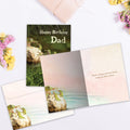 Load image into Gallery viewer, The inside of Tree-Free’s Frog Bridge Dad card, with the cover and envelope in the background.