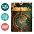 Load image into Gallery viewer, The cover of Tree-Free’s Compass Dad Birthday card with lines demonstrating its 5x7 dimensions, along with the following text: “100% PCW recycled paper, proudly made in the USA, sustainably printed on extra-thick card stock”