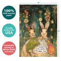 Load image into Gallery viewer, The cover of Tree-Free’s Earth Rabbits card with lines demonstrating its 5x7 dimensions, along with the following text: “100% PCW recycled paper, proudly made in the USA, sustainably printed on extra-thick card stock”