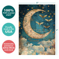 Load image into Gallery viewer, The cover of Tree-Free’s Starlight Moonbeams card with lines demonstrating its 5x7 dimensions, along with the following text: “100% PCW recycled paper, proudly made in the USA, sustainably printed on extra-thick card stock”