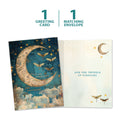 Load image into Gallery viewer, The cover and inside of Tree-Free’s Starlight Moonbeams card, along with the following text: “1 greeting card, 1 matching envelope”