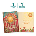 Load image into Gallery viewer, The cover and inside of Tree-Free’s Happy Sunshine card, along with the following text: “1 greeting card, 1 matching envelope”