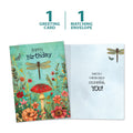 Load image into Gallery viewer, The cover and inside of Tree-Free’s Dragonfly Toadstool card, along with the following text: “1 greeting card, 1 matching envelope”