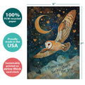 Load image into Gallery viewer, The cover of Tree-Free’s Lucky Owl card with lines demonstrating its 5x7 dimensions, along with the following text: “100% PCW recycled paper, proudly made in the USA, sustainably printed on extra-thick card stock”