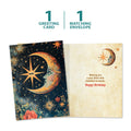 Load image into Gallery viewer, The cover and inside of Tree-Free’s Crescent Moon Wish card, along with the following text: “1 greeting card, 1 matching envelope”
