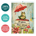 Load image into Gallery viewer, The cover of Tree-Free’s Brighter Frog card with lines demonstrating its 5x7 dimensions, along with the following text: “100% PCW recycled paper, proudly made in the USA, sustainably printed on extra-thick card stock”