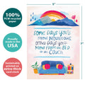 Load image into Gallery viewer, The cover of Tree-Free’s Couch Mountains card with lines demonstrating its 5x7 dimensions, along with the following text: “100% PCW recycled paper, proudly made in the USA, sustainably printed on extra-thick card stock”