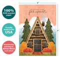 Load image into Gallery viewer, The cover of Tree-Free’s Welcome Thanksgiving card with lines demonstrating its 5x7 dimensions, along with the following text: “100% PCW recycled paper, proudly made in the USA, sustainably printed on extra-thick card stock”