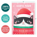 Load image into Gallery viewer, The cover of Tree-Free’s Santa Paws card with lines demonstrating its 5x7 dimensions, along with the following text: “100% PCW recycled paper, proudly made in the USA, sustainably printed on extra-thick card stock”