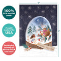 Load image into Gallery viewer, The cover of Tree-Free’s Sweet Snowglobe card with lines demonstrating its 5x7 dimensions, along with the following text: “100% PCW recycled paper, proudly made in the USA, sustainably printed on extra-thick card stock”