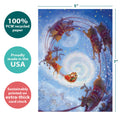 Load image into Gallery viewer, The cover of Tree-Free’s Soaring Santa card with lines demonstrating its 5x7 dimensions, along with the following text: “100% PCW recycled paper, proudly made in the USA, sustainably printed on extra-thick card stock”