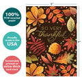 Load image into Gallery viewer, The cover of Tree-Free’s Very Thankful card with lines demonstrating its 5x7 dimensions, along with the following text: “100% PCW recycled paper, proudly made in the USA, sustainably printed on extra-thick card stock”