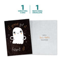 Load image into Gallery viewer, The cover and inside of Tree-Free’s Haunt It card, along with the following text: “1 greeting card, 1 matching envelope”