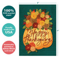 Load image into Gallery viewer, The cover of Tree-Free’s Overflowing Gratitude card with lines demonstrating its 5x7 dimensions, along with the following text: “100% PCW recycled paper, proudly made in the USA, sustainably printed on extra-thick card stock”