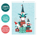 Load image into Gallery viewer, The cover of Tree-Free’s Gnomes Piled High card with lines demonstrating its 5x7 dimensions, along with the following text: “100% PCW recycled paper, proudly made in the USA, sustainably printed on extra-thick card stock”