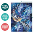 Load image into Gallery viewer, The cover of Tree-Free’s Generous and Kind card with lines demonstrating its 5x7 dimensions, along with the following text: “100% PCW recycled paper, proudly made in the USA, sustainably printed on extra-thick card stock”