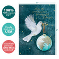 Load image into Gallery viewer, The cover of Tree-Free’s Peace and Hope New Year card with lines demonstrating its 5x7 dimensions, along with the following text: “100% PCW recycled paper, proudly made in the USA, sustainably printed on extra-thick card stock”