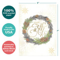 Load image into Gallery viewer, The cover of Tree-Free’s Winter Pine Wreath card with lines demonstrating its 5x7 dimensions, along with the following text: “100% PCW recycled paper, proudly made in the USA, sustainably printed on extra-thick card stock”