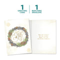 Load image into Gallery viewer, The cover and inside of Tree-Free’s Winter Pine Wreath card, along with the following text: “1 greeting card, 1 matching envelope”