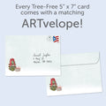 Load image into Gallery viewer, The envelope for Tree-Free’s Kringle Tree Farm card, along with the following text: “Every Tree-Free 5x7 card comes with a matching ARTvelope!”