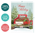 Load image into Gallery viewer, The cover of Tree-Free’s Kringle Tree Farm card with lines demonstrating its 5x7 dimensions, along with the following text: “100% PCW recycled paper, proudly made in the USA, sustainably printed on extra-thick card stock”