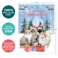 Load image into Gallery viewer, The cover of Tree-Free’s Cat Person Wishes card with lines demonstrating its 5x7 dimensions, along with the following text: “100% PCW recycled paper, proudly made in the USA, sustainably printed on extra-thick card stock”