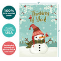 Load image into Gallery viewer, The cover of Tree-Free’s Merry Snowman card with lines demonstrating its 5x7 dimensions, along with the following text: “100% PCW recycled paper, proudly made in the USA, sustainably printed on extra-thick card stock”