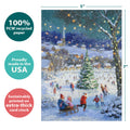 Load image into Gallery viewer, The cover of Tree-Free’s Dreaming of a White Christmas card with lines demonstrating its 5x7 dimensions, along with the following text: “100% PCW recycled paper, proudly made in the USA, sustainably printed on extra-thick card stock”