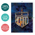 Load image into Gallery viewer, The cover of Tree-Free’s Beautiful Dreidel card with lines demonstrating its 5x7 dimensions, along with the following text: “100% PCW recycled paper, proudly made in the USA, sustainably printed on extra-thick card stock”