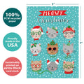 Load image into Gallery viewer, The cover of Tree-Free’s Meowy Christmas card with lines demonstrating its 5x7 dimensions, along with the following text: “100% PCW recycled paper, proudly made in the USA, sustainably printed on extra-thick card stock”