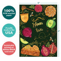 Load image into Gallery viewer, The cover of Tree-Free’s Shana Tova card with lines demonstrating its 5x7 dimensions, along with the following text: “100% PCW recycled paper, proudly made in the USA, sustainably printed on extra-thick card stock”