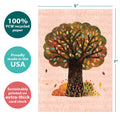 Load image into Gallery viewer, The cover of Tree-Free’s Abundant Thanksgiving card with lines demonstrating its 5x7 dimensions, along with the following text: “100% PCW recycled paper, proudly made in the USA, sustainably printed on extra-thick card stock”