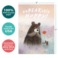 Load image into Gallery viewer, The cover of Tree-Free’s Unbearably Happy card with lines demonstrating its 5x7 dimensions, along with the following text: “100% PCW recycled paper, proudly made in the USA, sustainably printed on extra-thick card stock”