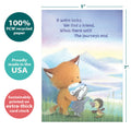 Load image into Gallery viewer, The cover of Tree-Free’s Lucky Journey card with lines demonstrating its 5x7 dimensions, along with the following text: “100% PCW recycled paper, proudly made in the USA, sustainably printed on extra-thick card stock”