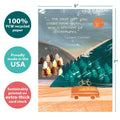 Load image into Gallery viewer, The cover of Tree-Free’s Lifetime of Adventures card with lines demonstrating its 5x7 dimensions, along with the following text: “100% PCW recycled paper, proudly made in the USA, sustainably printed on extra-thick card stock”