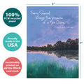 Load image into Gallery viewer, The cover of Tree-Free’s Sunset Dawn card with lines demonstrating its 5x7 dimensions, along with the following text: “100% PCW recycled paper, proudly made in the USA, sustainably printed on extra-thick card stock”
